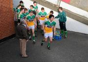 15 January 2012; Offaly captain Richie Dalton leads out his team before the game. Bord na Mona O'Byrne Cup, Quarter-Final, Kildare v Offaly, St Conleth's Park, Newbridge, Co. Kildare. Picture credit: Dáire Brennan / SPORTSFILE