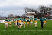 15 January 2012; The Offaly team during their warm-down in front of the scoreboard after the game. Bord na Mona O'Byrne Cup, Quarter-Final, Kildare v Offaly, St Conleth's Park, Newbridge, Co. Kildare. Picture credit: Dáire Brennan / SPORTSFILE