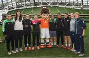 6 June 2017; Sue Ronan, Head of Womens Football for the FAI, with, from left to right, Megan Lynch, Keara Cormican, Orla Conlon, Becky Cassin, Claire Kinsella, Rianna Jarrett and Lauren O'Callaghan in attendance with camp instructors during the Aviva Soccer Sisters Event at the Aviva Stadium in Lansdowne Rd, Dublin. Photo by Cody Glenn/Sportsfile