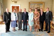5 July 2011; President Mary McAleese and her husband Dr. Martin McAlees with former GAA President Dr. Mick Loftus, third from left, alongside his wife Edith, Kevin Loftus, extreme left, PJ Hughes, extreme right, and Thomas Jordan with his wife Mary in attendance at a garden party for GAA Social Initiative participants. Áras an Uachtaráin, Phoenix Park, Dublin. Picture credit: Pat Murphy / SPORTSFILE