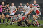 13 January 2012; Geordan Murphy, Leicester Tigers, is tackled by Stephen Ferris, Ulster. Heineken Cup, Pool 4, Round 5, Ulster v Leicester Tigers, Ravenhill Park, Belfast, Co. Antrim. Picture credit: Oliver McVeigh / SPORTSFILE
