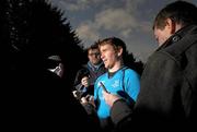 17 January 2012; Leinster's Eoin Reddan speaking to journalists during a press briefing ahead of their Heineken Cup, Pool 3, Round 6, game against Montpellier on Saturday. Leinster Rugby Press Conference, UCD, Belfield, Dublin. Photo by Sportsfile