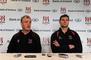 18 January 2012; Ulster head coach Brian McLaughlin, left, and captain Johann Muller during a press conference ahead of their Heineken Cup, Pool 4, Round 6, game against Clermont Auvergne on Saturday. Ulster Rugby Press Conference, Newforge Country Club, Belfast, Co. Antrim. Picture credit: Oliver McVeigh / SPORTSFILE