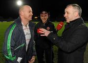 18 January 2012; Fermanagh manager Peter Canavan, left, and Tyrone manager Mickey Harte are interviewed by BBC's Mark Sidebottom before the game. Power NI Dr. McKenna Cup, Section A, Tyrone v Fermanagh, Healy Park, Omagh, Co. Tyrone. Picture credit: Oliver McVeigh / SPORTSFILE