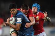 7 June 2017; Rieko Ioane of the Blues is tackled by CJ Stander and Jack Nowell, right, of the British & Irish Lions during the match between Auckland Blues and the British & Irish Lions at Eden Park in Auckland, New Zealand. Photo by Stephen McCarthy/Sportsfile