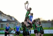 19 January 2012; Sam Doggett, St. Conleths, wins possession in the lineout against Jordan Ahearne, Gorey C.S. McMullan Cup Final, Gorey C.S. v St. Conleths, Greystones RFC, Dr. Hickey Park, Greystones, Co. Wicklow. Picture credit: Matt Browne / SPORTSFILE