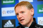 19 January 2012; Leinster head coach Joe Schmidt speaking to the media during a press conference ahead of their Heineken Cup, Pool 3, Round 6, game against Montpellier on Saturday. Leinster Rugby Press Conference, David Lloyd Riverview, Clonskeagh, Dublin. Picture credit: Barry Cregg / SPORTSFILE