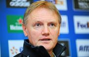 19 January 2012; Leinster head coach Joe Schmidt speaking to the media during a press conference ahead of their Heineken Cup, Pool 3, Round 6, game against Montpellier on Saturday. Leinster Rugby Press Conference, David Lloyd Riverview, Clonskeagh, Dublin. Picture credit: Barry Cregg / SPORTSFILE