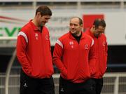 20 January 2012; Ulster's Rory Best in conversation with team-mate Johann Muller, left, during the Captain's Run ahead of their Heineken Cup, Pool 4, Round 6, game against Clermont Auvergne on Saturday. Ulster Rugby Captain's Run, Stade Marcel Michelin, Clermont-Ferrand, France. Picture credit: Oliver McVeigh / SPORTSFILE