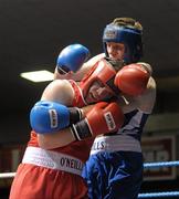 20 January 2012; Jason Quigley, right, Finn Valley, in action against Patrick Gallagher, Gleann, during their 69kg bout. 2012 National Elite Boxing Championships, National Stadium, Dublin. Photo by Sportsfile