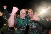 20 January 2012; Adrian Flavin, left, and George Naoupu, Connacht, celebrate at the end of the game. Heineken Cup, Pool 6, Round 6, Connacht v Harlequins, Sportsground, Galway. Picture credit: David Maher / SPORTSFILE