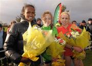 21 January 2012; Winner of the Senior Women's race, Ireland's Fionnuala Britton, alongside second placed Gemma Steel, right, Great Britain, and third placed Birtuken Adamu, left, Ethiopia, at the Antrim International Cross Country. Greenmount Campus, Antrim, Co. Antrim. Photo by Sportsfile