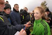 21 January 2012; Ireland's Fionnuala Britton speaking to journalists after winning the Senior Women's race at the Antrim International Cross Country. Greenmount Campus, Antrim, Co. Antrim. Photo by Sportsfile
