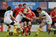 21 January 2012; Paddy Wallace, Ulster, is tackled by Nathan Hines, Clermont Auvergne. Heineken Cup, Pool 4, Round 6, Clermont Auvergne v Ulster, Stade Marcel Michelin, Clermont-Ferrand, France. Picture credit: Oliver McVeigh / SPORTSFILE