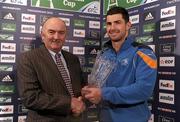 21 January 2012; Rob Kearney, Leinster, is presented with the Heineken Man of the Match award by Pat Maher, National Events and Sponsorship Manager, Heineken Ireland. Heineken Cup, Pool 3, Round 6, Leinster v Montpellier, RDS, Ballsbridge, Dublin. Picture credit: Stephen McCarthy / SPORTSFILE