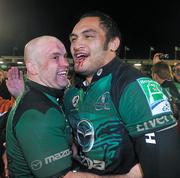 20 January 2012; Adrian Flavin, left and George Naoupu, Connacht, celebrate at the end of the game. Heineken Cup, Pool 6, Round 6, Connacht v Harlequins, Sportsground, Galway. Picture credit: David Maher / SPORTSFILE