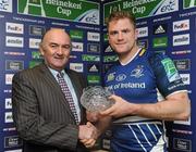 21 January 2012; Leinster's Jamie Heaslip is presented with his Heineken European Cup Rugby 50th Cap by Pat Maher, National Sponsorship and Events Manager, Heineken Ireland, following the game. Heineken Cup, Pool 3, Round 6, Leinster v Montpellier, RDS, Ballsbridge, Dublin. Picture credit: Stephen McCarthy / SPORTSFILE
