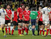 21 January 2012; Ulster Captain Johann Muller speaking to Referee Dave Pearson, England, after he awarded a penalty. Heineken Cup, Pool 4, Round 6, Clermont Auvergne v Ulster, Stade Marcel Michelin, Clermont-Ferrand, France. Picture credit: John Dickson / SPORTSFILE