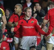 21 January 2012; Johne Murphy, Munster, celebrates with team-mate Simon Zebo after scoring his side's second try. Heineken Cup, Pool 1 Round 6, Northampton Saints v Munster, Franklin's Gardens, Northampton, England. Picture credit: Matt Impey / SPORTSFILE