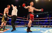 10 June 2017; Fergal McCrory, right, celebrates his victory against Paul Holt as the referee calls a stoppage during their Super-Featherweight bout at the Boxing in Belfast in the SSE Arena, Belfast. Photo by David Fitzgerald/Sportsfile