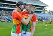 10 June 2017; Richard Kelly, left, and Eddie Byrne of Carlow celebrate after the Christy Ring Cup Final match between Antrim and Carlow at Croke Park in Dublin. Photo by Piaras Ó Mídheach/Sportsfile