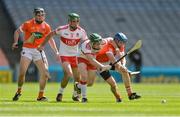 10 June 2017; Gerald Bradley of Derry, supported by team-mate Seán Cassidy, behind, in action against Connor Corvan of Armagh, supported by team-mate John Corvan, far left, during the Nicky Rackard Cup Final match between Armagh and Derry at Croke Park in Dublin. Photo by Piaras Ó Mídheach/Sportsfile