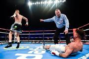 10 June 2017; Paul Hyland JR, left, celebrates his victory over Adam Dingsdale as the referee calls the fight to a stoppage during their vacant IBF European Lightweight Championship bout at the Boxing in Belfast in the SSE Arena, Belfast. Photo by David Fitzgerald/Sportsfile