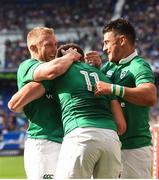 10 June 2017; Jacob Stockdale celebrates with team-mates Keith Earls, left, and Tiernan O'Halloran after scoring his side's second try during the international match between Ireland and USA at the Red Bull Arena in Harrison, New Jersey, USA. Photo by Ramsey Cardy/Sportsfile