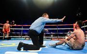 10 June 2017; Lee Haskins is counted out but gets up in the 11th round after being knocked down by Ryan Burnett during their IBF World Bantamweight Championship bout at the Boxing in Belfast in the SSE Arena, Belfast. Photo by David Fitzgerald/Sportsfile
