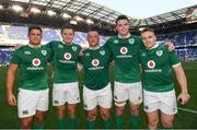 10 June 2017; Ireland debutants, from left, Dave Heffernan, Jacob Stockdale, Andrew Porter, James Ryan and Rory Scannell following their victory in the international match between Ireland and USA at the Red Bull Arena in Harrison, New Jersey, USA. Photo by Ramsey Cardy/Sportsfile