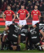 10 June 2017; British and Irish Lions players, from left, Sean O'Brien, Peter O'Mahony and Conor Murray face the Crusaders haka prior to the match between Crusaders and the British & Irish Lions at AMI Stadium in Christchurch, New Zealand. Photo by Stephen McCarthy/Sportsfile