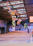 22 January 2012; Lorraine O'Shea, Kilkenny Harriers AC, Co. Kilkenny, jumping 5.51m to win the Junior Women's Long Jump at the Woodie’s DIY Junior Indoor Track & Field Championships of Ireland. Nenagh, Co. Tipperary. Picture credit: Matt Browne / SPORTSFILE