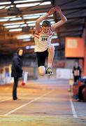 22 January 2012; Aaron Murtagh, Ballina AC, Co. Mayo, on his way to winning the Junior Men's Triple Jump at the Woodie’s DIY Junior Indoor Track & Field Championships of Ireland. Nenagh, Co. Tipperary. Picture credit: Matt Browne / SPORTSFILE