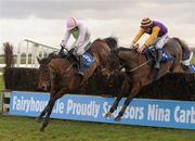 22 January 2012; Blazing Tempo, left, with Ruby Walsh up, clears the last on the way to winning the Normans Grove Steeplechase ahead of eventual second place Noble Prince, with Davy Russell up. Fairyhouse Racecourse, Co. Meath. Photo by Sportsfile