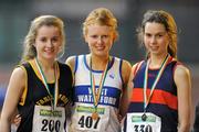 22 January 2012; Winner of the Junior Women's 3km Walk Kate Veale, centre, West Waterford AC, Dungarvan, Co. Waterford, with second place Emma Prenderville, left, Farranfore Maine Valley AC, Co. Kerry, and third place Alicia Boylan, Oriel AC, Co. Monaghan, at the Woodie’s DIY Junior Indoor Track & Field Championships of Ireland. Nenagh, Co. Tipperary. Picture credit: Matt Browne / SPORTSFILE