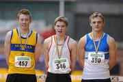 22 January 2012; Winner of the Men's 200m Kieron Elliot, centre, North Sligo AC, Co. Sligo, with second place Cormac Lynch, left, Marian AC, Ennis, Co. Clare, and third place Adam Dowling, right, St Laurence O' Toole AC, Co. Carlow, at the Woodie’s DIY Junior Indoor Track & Field Championships of Ireland. Nenagh, Co. Tipperary. Picture credit: Matt Browne / SPORTSFILE