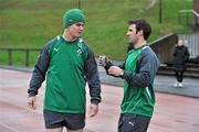 24 January 2012; Ireland's Jonathan Sexton in conversation with Bryan Cullen during squad training ahead of their RBS Six Nations Rugby Championship game against Wales on February 5th. Ireland Rugby Squad Training, University of Limerick, Limerick. Picture credit: Diarmuid Greene / SPORTSFILE