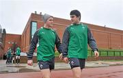 24 January 2012; Ireland's Craig Gilroy, left, and Tiernan O'Halloran in conversation before squad training ahead of their RBS Six Nations Rugby Championship game against Wales on February 5th. Ireland Rugby Squad Training, University of Limerick, Limerick. Picture credit: Diarmuid Greene / SPORTSFILE