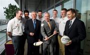 24 January 2012; In attendance at the announcement that PwC will become an official partner of the GAA and the Gaelic Players Association, marking a historic first joint commercial venture between the GAA and the players' body, are, from left, Cork hurler Donal Og Cusack, Cian O'Sullivan, PwC Tax and Dublin footballer, Uachtarán CLG Criostóir Ó Cuana, Tyrone footballer Sean Cavanagh, Rónán Murphy, Senior Partner, PwC, Kilkenny hurler Henry Shefflin, Galway hurler Joe Canning and Dessie Farrell, Chief Executive, GPA. PwC Offices, One Spencer Dock, North Wall Quay, Dublin. Picture credit: Brendan Moran / SPORTSFILE