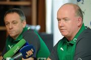 24 January 2012; Ireland head coach Declan Kidney, alongside assistant coach Mark Tainton, speaking during a press conference ahead of their RBS Six Nations Rugby Championship game against Wales on February 5th. Ireland Rugby Squad Press Conference, Limerick Strand Hotel, Ennis Road, Limerick City. Picture credit: Diarmuid Greene / SPORTSFILE