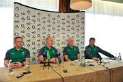 24 January 2012; From left to right, assistant coach Mark Tainton, head coach Declan Kidney, team manager Michael Kearney and assistant coach Les Kiss during a press conference ahead of their RBS Six Nations Rugby Championship game against Wales on February 5th. Ireland Rugby Squad Press Conference, Limerick Strand Hotel, Ennis Road, Limerick City. Picture credit: Diarmuid Greene / SPORTSFILE