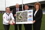 24 January 2012; Alex Attwood, Department Of The Environment, with from left to right, Shane Logan, CEO Ulster Rugby, Dominic Walsh, Chairman of Sport NI, and Minister for the Department Of Culture Arts Carole Ni Churlin in attendance at the launch of the final phase of redevelopment of the Ravenhill Stadium in Belfast, Co. Antrim. Picture credit: John Dickson / SPORTSFILE