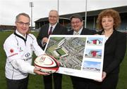 24 January 2012; Alex Attwood, Department Of The Environment, with from left to right, Shane Logan, CEO Ulster Rugby, Dominic Walsh, Chairman of Sport NI, and Minister for the Department Of Culture Arts Carole Ni Churlin in attendance at the launch of the final phase of redevelopment of the Ravenhill Stadium in Belfast, Co. Antrim. Picture credit: John Dickson / SPORTSFILE