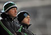 22 January 2012;  Fermanagh manager Peter Canavan, right, and trainer Enda Kilpatrick. Power NI Dr. McKenna Cup Semi-Final, Tyrone v Fermanagh, Morgan Athletic Grounds, Armagh. Picture credit: Oliver McVeigh / SPORTSFILE