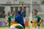 11 June 2017; Anton Sullivan of Offaly is shown the black card by referee Pádraig O'Sullivan in the second half during the Leinster GAA Football Senior Championship Quarter-Final match between Offaly and Westmeath at Bord Na Móna O'Connor Park, Tullamore, in Co. Offaly. Photo by Piaras Ó Mídheach/Sportsfile