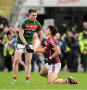 11 June 2017; Patrick Durcan of Mayo congratulates Seán Armstrong of Galway after the Connacht GAA Football Senior Championship Semi-Final match between Galway and Mayo at Pearse Stadium, in Salthill, Galway. Photo by Ray McManus/Sportsfile