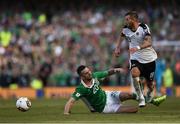 11 June 2017; Guido Burgstaller of Austria in action against Shane Duffy of Republic of Ireland during the FIFA World Cup Qualifier Group D match between Republic of Ireland and Austria at Aviva Stadium, in Dublin.  Photo by Seb Daly/Sportsfile