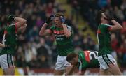 11 June 2017; Mayo players, left to right, Cillian O'Connor, Danny Kirby, and Diarmuid O'Connor react to conceding a free late in the game during the Connacht GAA Football Senior Championship Semi-Final match between Galway and Mayo at Pearse Stadium, in Salthill, Galway. Photo by Daire Brennan/Sportsfile