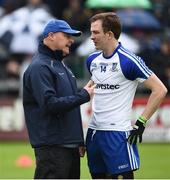 11 June 2017; Monaghan manager Malachy O'Rourke  speaking to Jack Mc Carron of Monaghan before the Ulster GAA Football Senior Championship Quarter-Final match between Cavan and Monaghan at Kingspan Breffni, in Cavan. Photo by Oliver McVeigh/Sportsfile