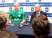 25 January 2012; Ireland captain Paul O'Connell alongside Ireland head coach Declan Kidney, right, speaking to the media at the launch of the RBS Six Nations Rugby Championship 2012. The Hurlingham Club, Ranelagh Gardens, London, England. Picture credit: Andrew Fosker / SPORTSFILE